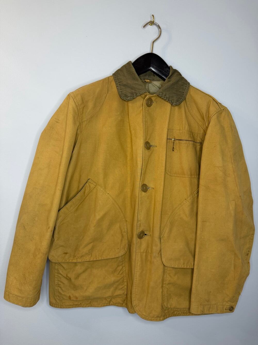 Vintage Canvas Hunting Jacket Tan Corduroy Collar Shooting Coat Tan Outdoor Mens